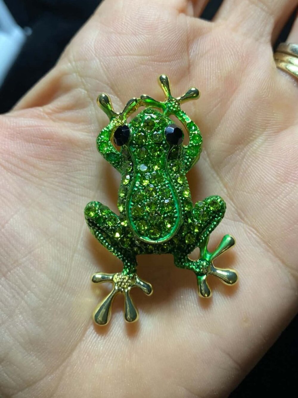 Green Rhinestone Frog Brooch Black Crystal Eyes Gold tone Pin Gift